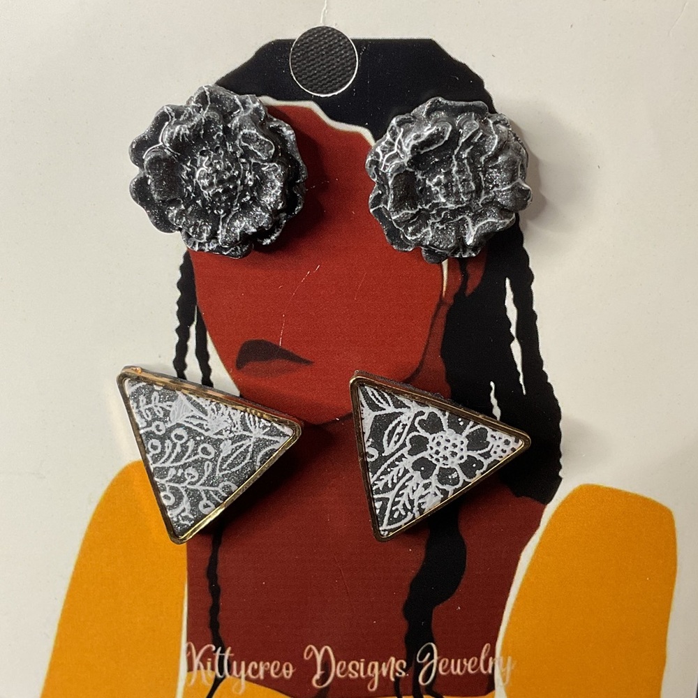 Silver and Black Artisan Floral Earrings